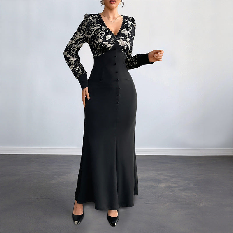 Retro V-neck Lace Stitching Long Sleeve Dress