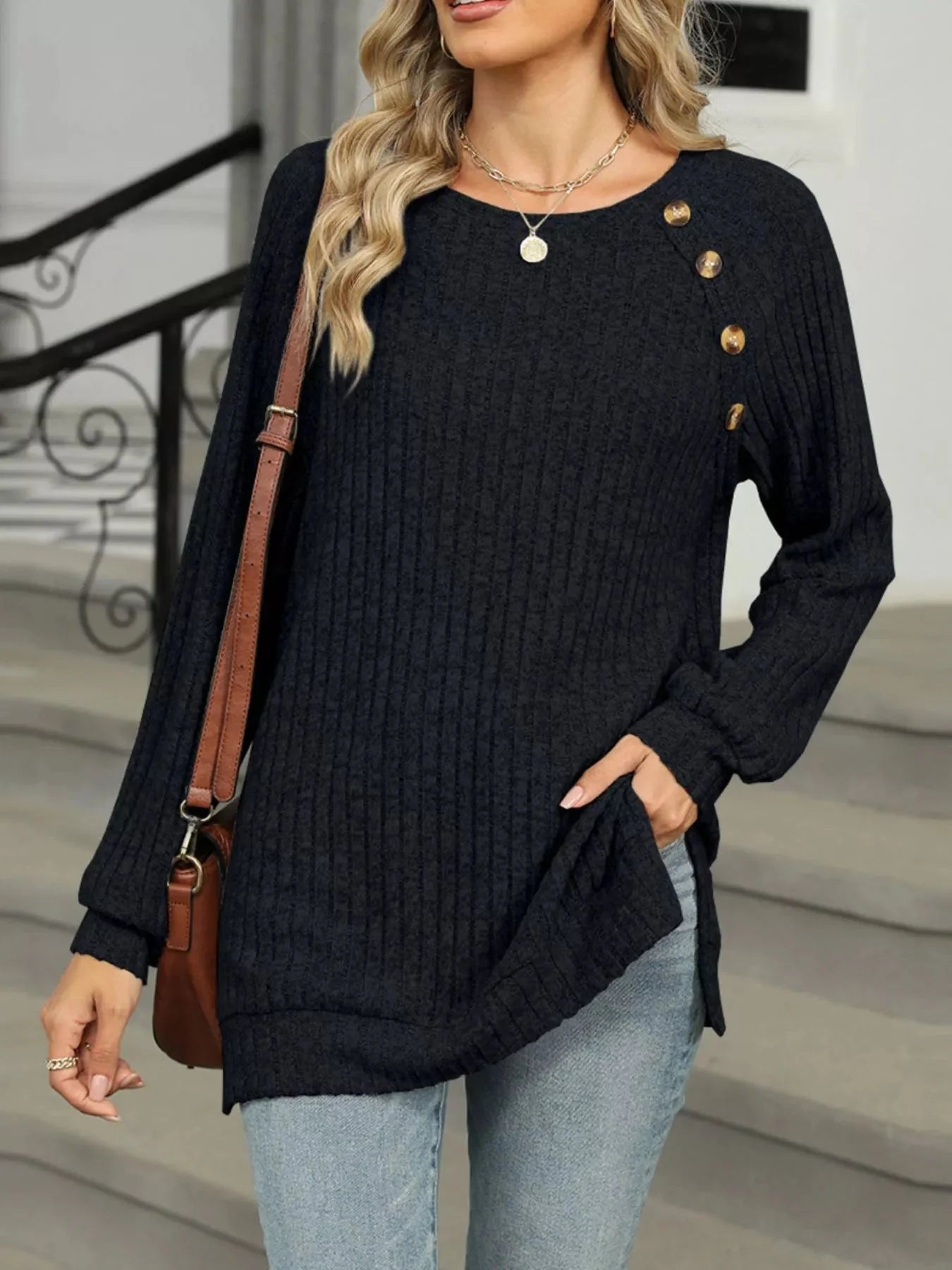 Cozy Chic Ribbed Button Detail Long Sleeve Tunic