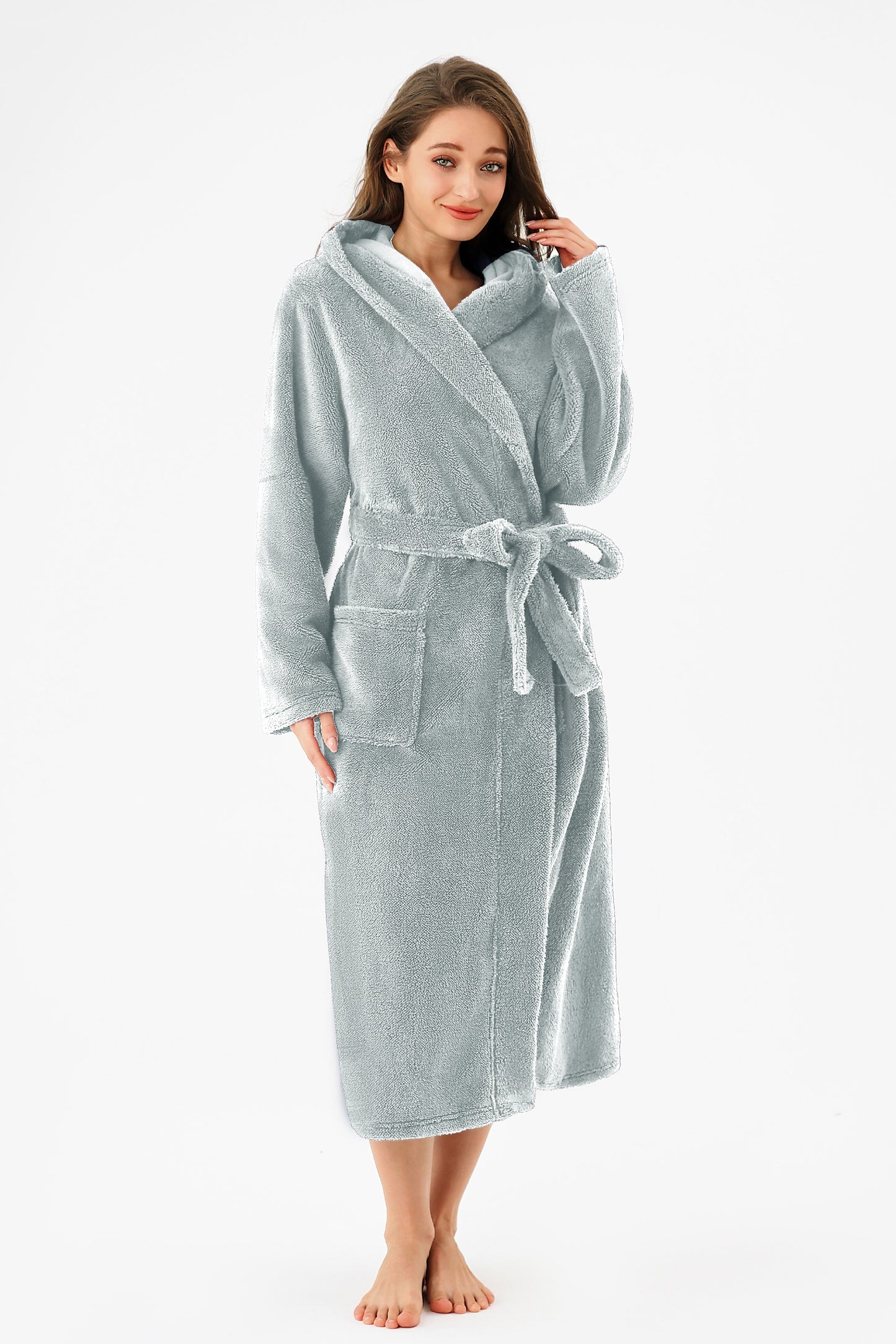 RONGTAI Womens Hooded Robe Long Plush Fleece Bathrobe With Pockets Nightwear S-XXL