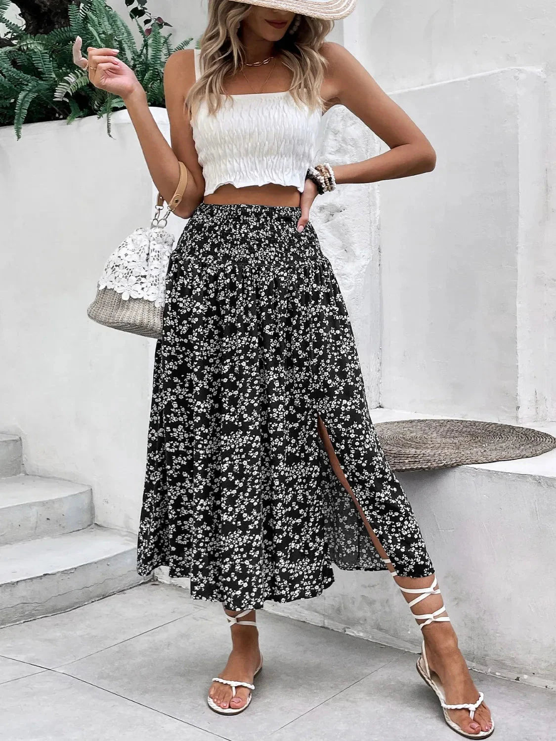 Slit Smocked High Waist Floral Midi Skirt