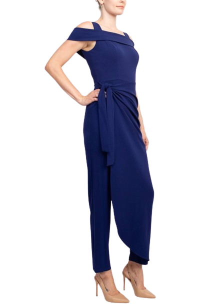 Marina Square Neck Off Shoulder Tie Side Zipper Back Faux Sarong Overlay Crepe Jumpsuit