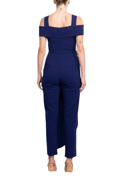 Marina Square Neck Off Shoulder Tie Side Zipper Back Faux Sarong Overlay Crepe Jumpsuit