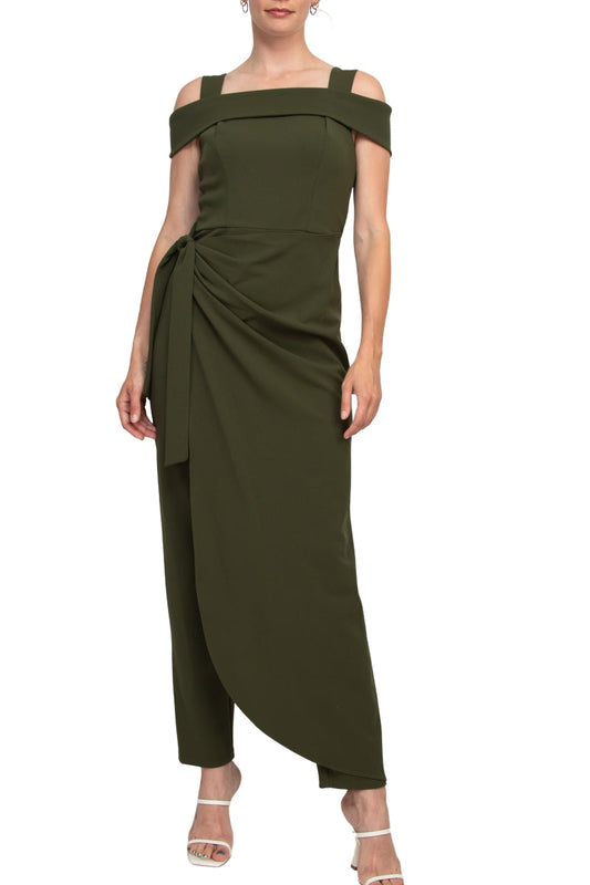 Marina Square Neck Off Shoulder Tie Side Zipper Back Faux Sarong Overlay Crepe Jumpsuit