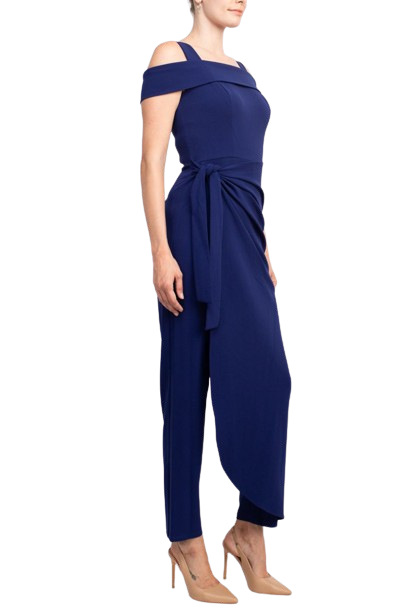 Marina Square Neck Off Shoulder Tie Side Zipper Back Faux Sarong Overlay Crepe Jumpsuit