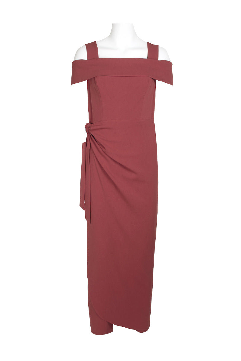 Marina Square Neck Off Shoulder Tie Side Zipper Back Faux Sarong Overlay Crepe Jumpsuit