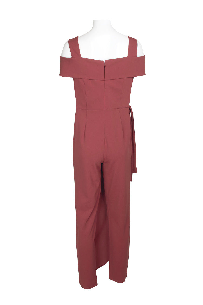 Marina Square Neck Off Shoulder Tie Side Zipper Back Faux Sarong Overlay Crepe Jumpsuit