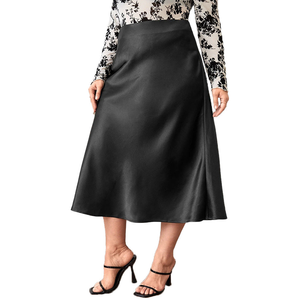 High Waist Zipper Large Hem Satin Temperament Skirt