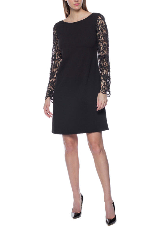 Marina Boat Neck Long Lace Sleeves V-Back Short Crepe Dress