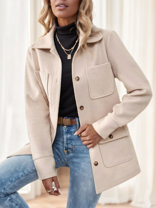 Casual Solid Color Multi-Pocket Jacket, Versatile For Autumn Winter
