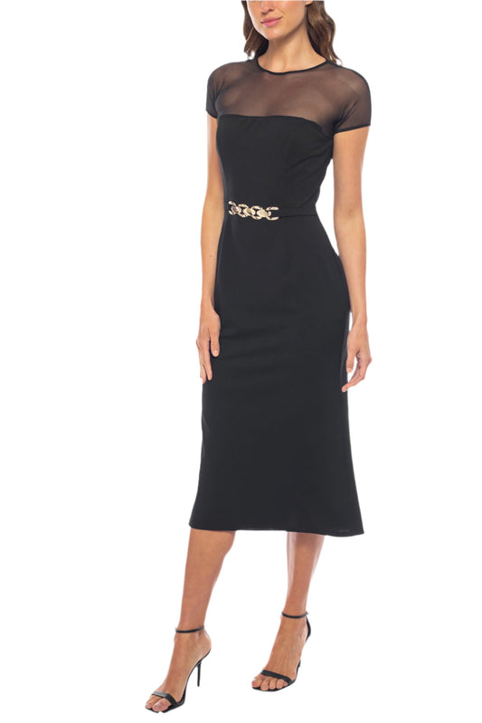 Marina Boat Neck Cap Sleeves Scuba Crepe Illusion Midi Bodice Dress