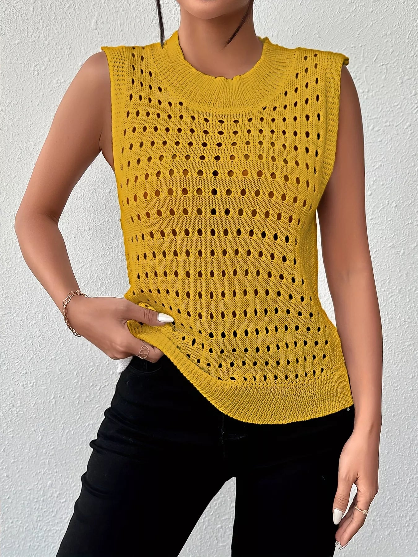 Hollow Out Round Neck Knit Sweater Tank