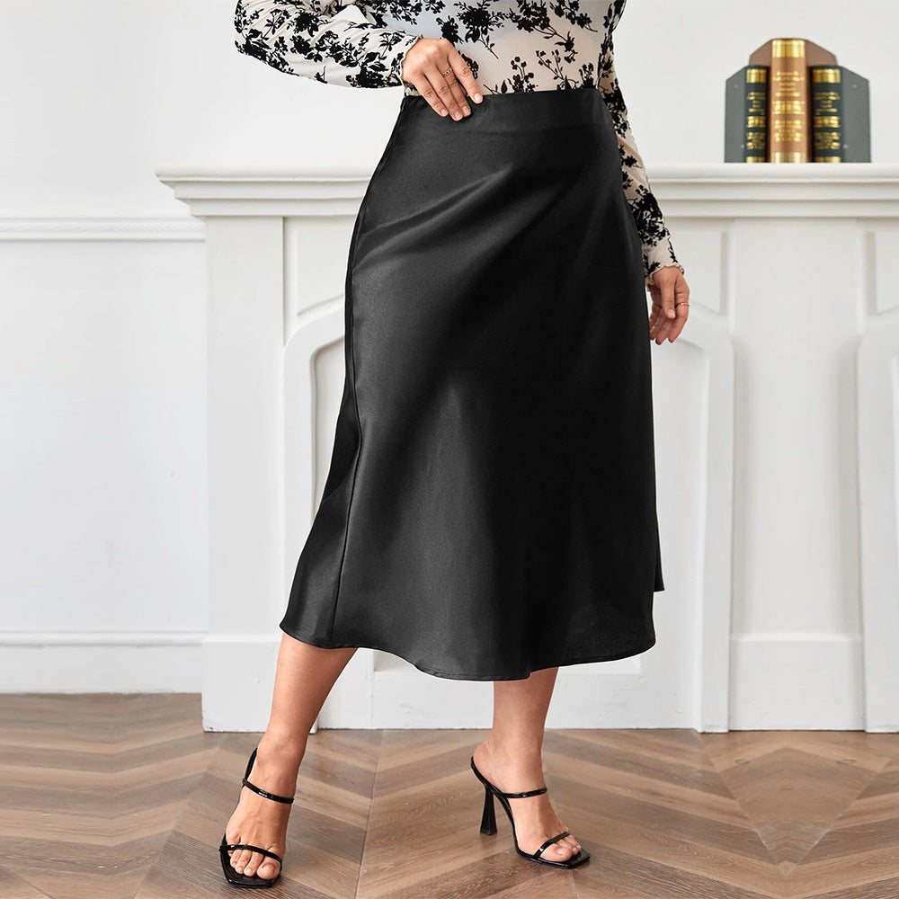 High Waist Zipper Large Hem Satin Temperament Skirt