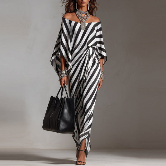 Womens Fashionable Loose Striped Off-Shoulder Dress