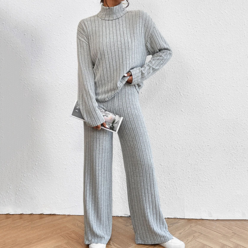 r Leisure Turtleneck Knitting Long-sleeve Suit Women's Sweater Loose Trousers Two-piece Set
