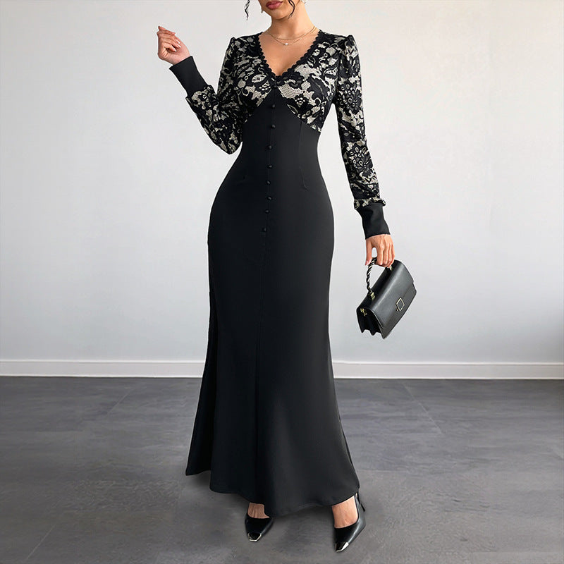 Retro V-neck Lace Stitching Long Sleeve Dress