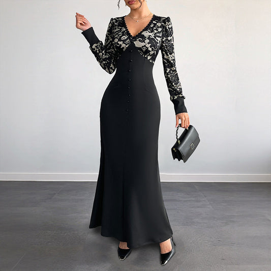 Retro V-neck Lace Stitching Long Sleeve Dress