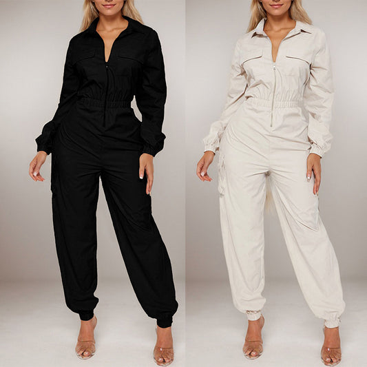Flip Pocket Elastic Waist-tightening Zipper Jumpsuit