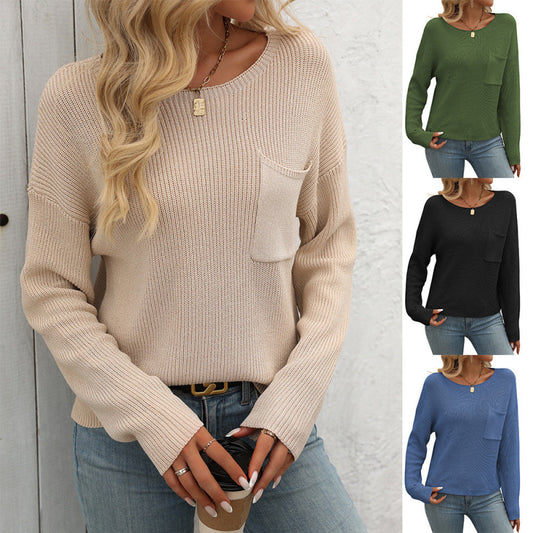 Women's Round Neck Pocket Decorative Top Long Sleeve Sweater