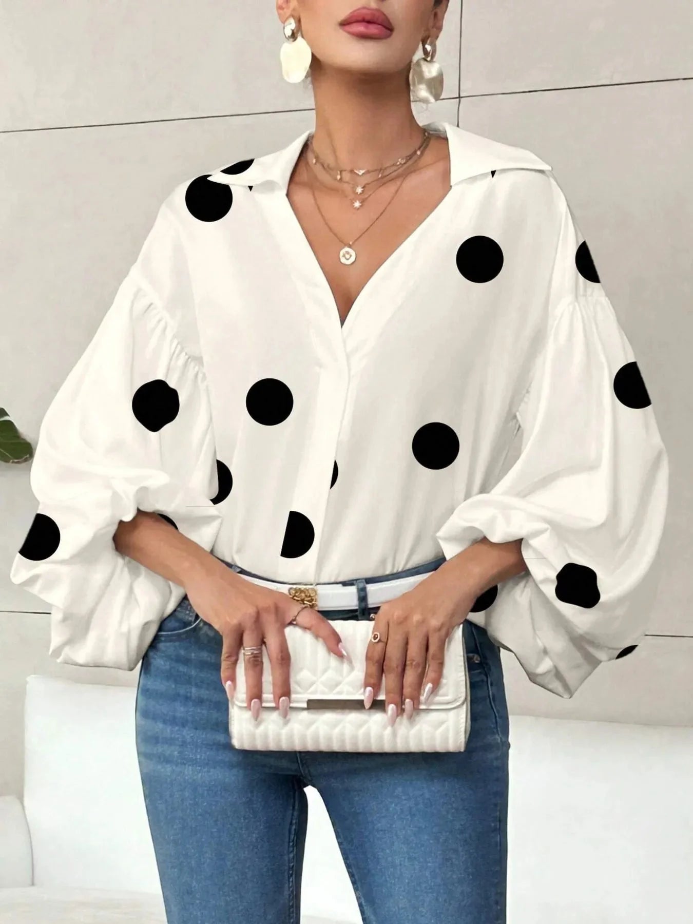 Oversized Polka Dot Balloon Sleeve Blouse