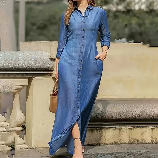 Casual Button Down Denim Maxi Dress Long Sleeve Long Jean Dresses With Pockets