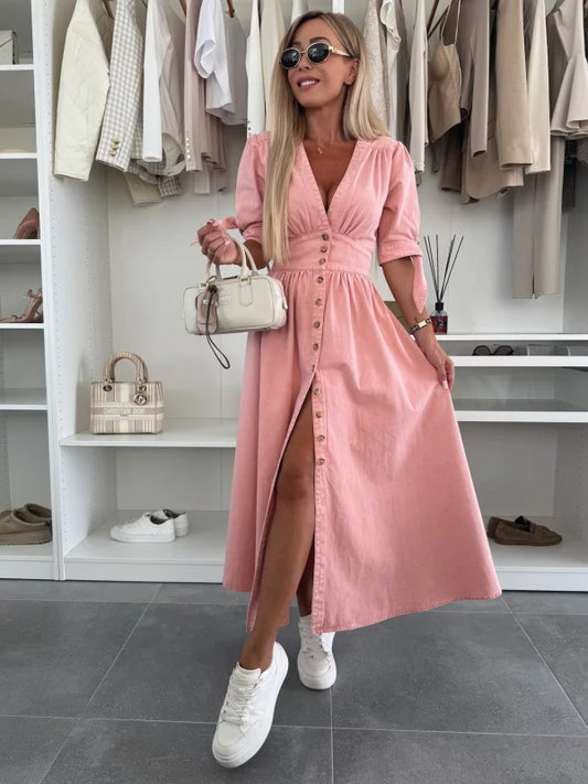 V-neck Short Sleeve Loose Denim Long Button Dress
