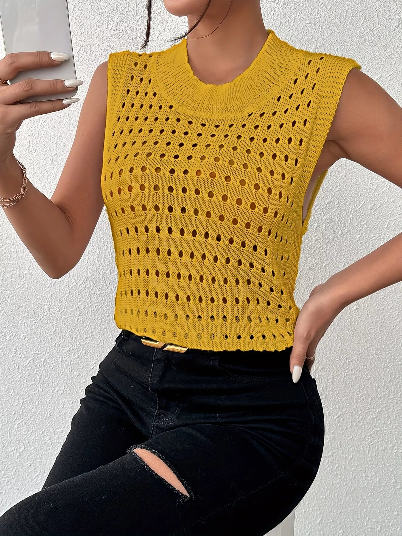 Hollow Out Round Neck Knit Sweater Tank