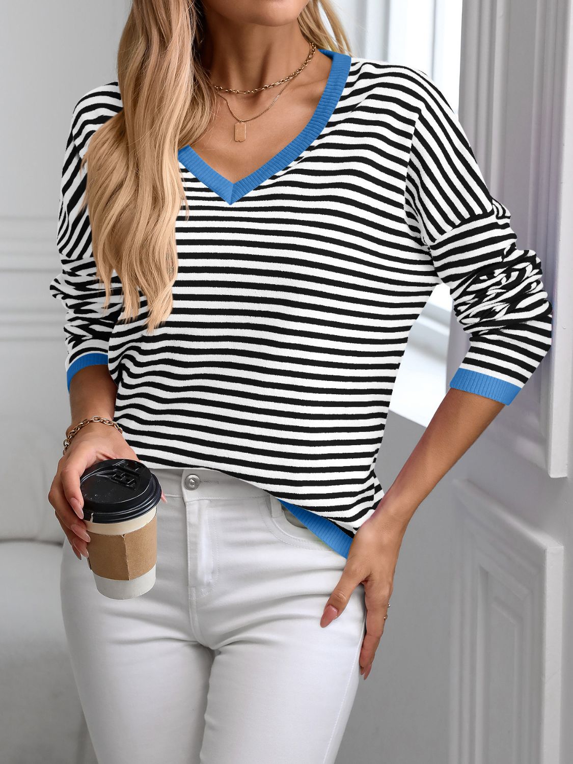 BrightStyle Contrast Trim Striped V-Neck Long Sleeve Knit Top – Comfortable Stretch Fabric