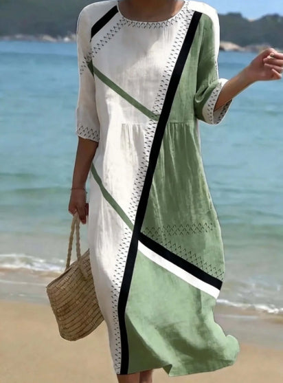 Women's Casual Round Neck Mid Sleeve Print Cotton And Linen Dress