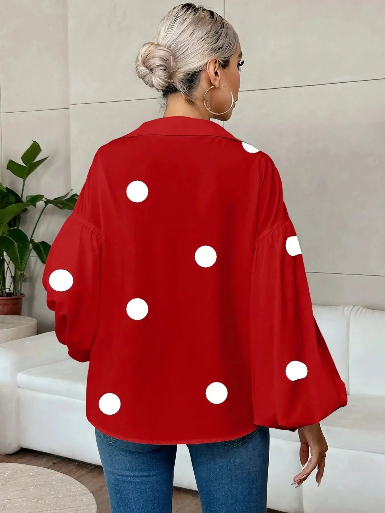 Oversized Polka Dot Balloon Sleeve Blouse