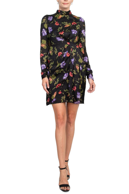 Taylor High Neck Long Sleeve Pleated Side Floral Print Chiffon Crepe Dress