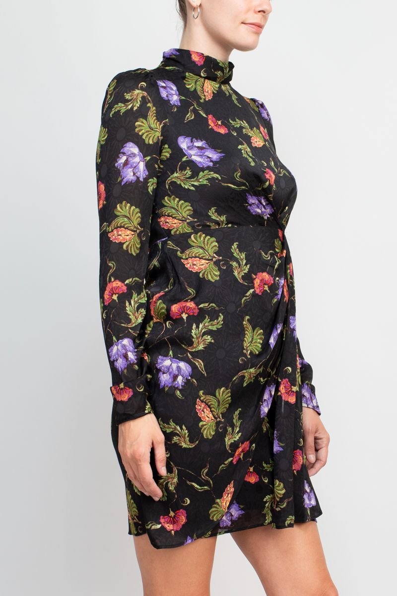 Taylor High Neck Long Sleeve Pleated Side Floral Print Chiffon Crepe Dress