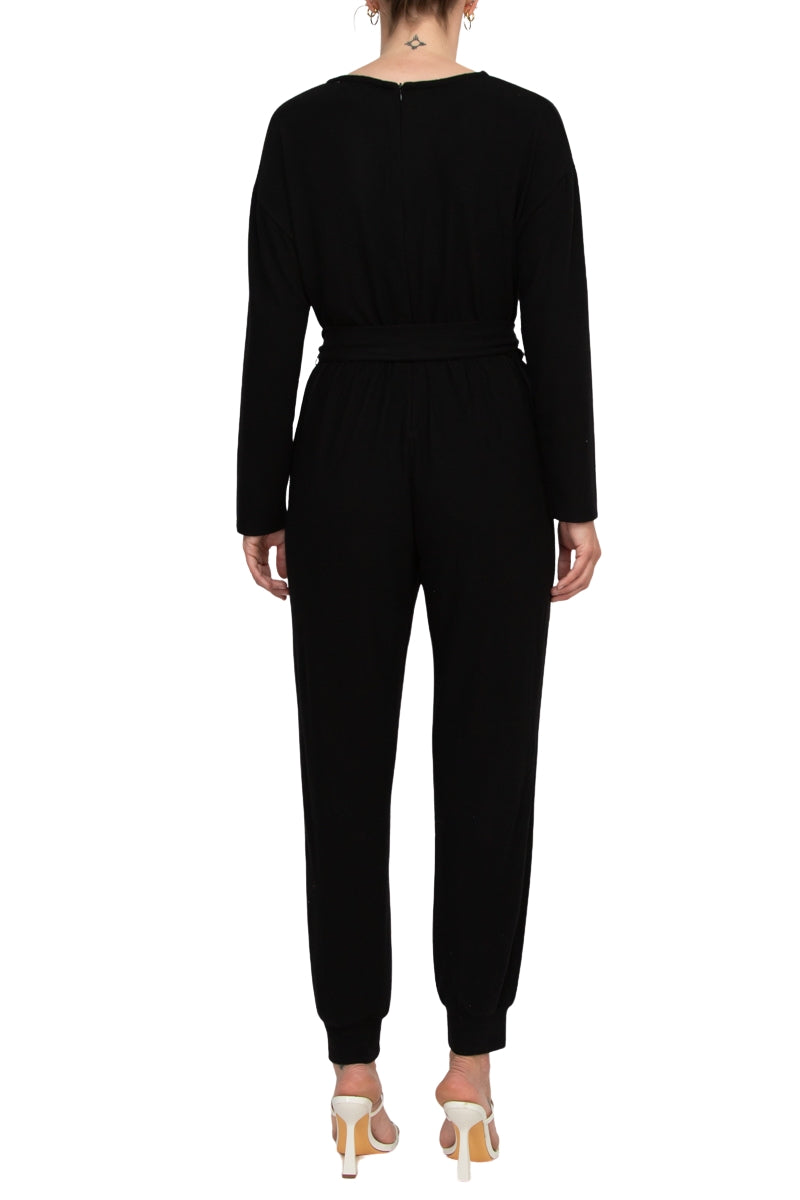 Philosophy Crew Neck Dolman Long Sleeve Tie Waist Elastic Hem Pockets Jersey Knit Jumpsuit