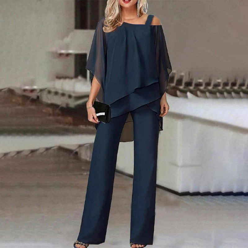 Solid Loose Irregular Suits Batwing Sleeve Top And Straight Trousers Set