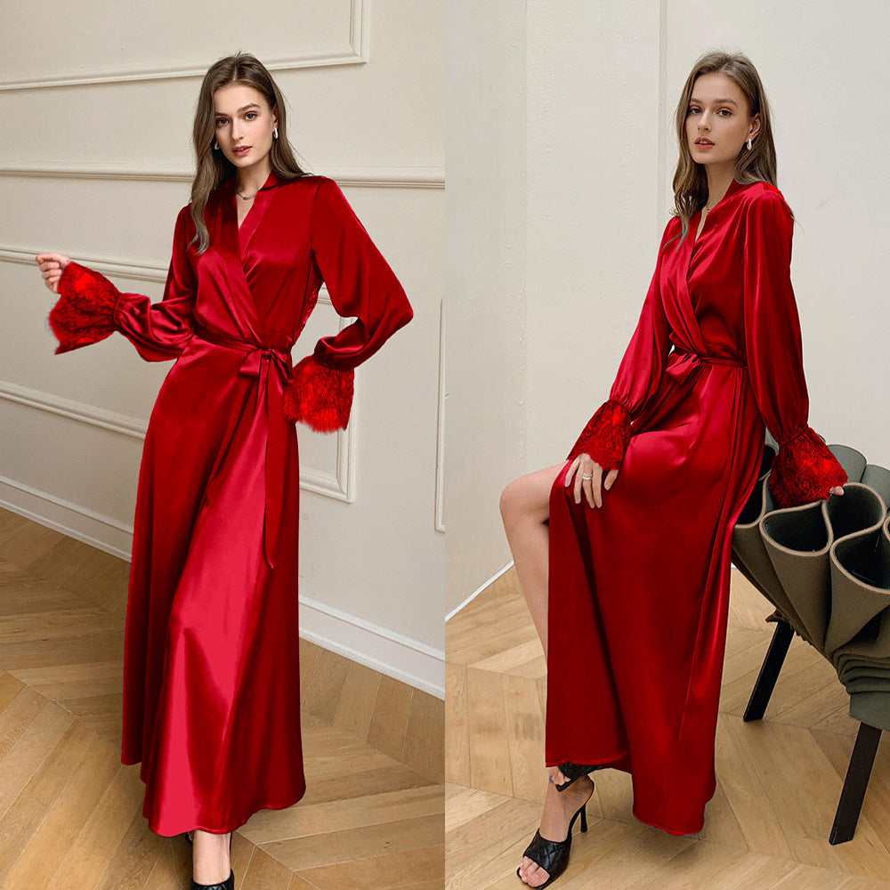 Women's Summer Thin Satin Ice Silk Pajamas Lace Stitching French Elegant Backless Homewear