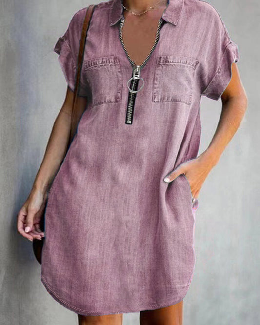 European And American Lapel Short Sleeve Loose Dress Denim Shirt