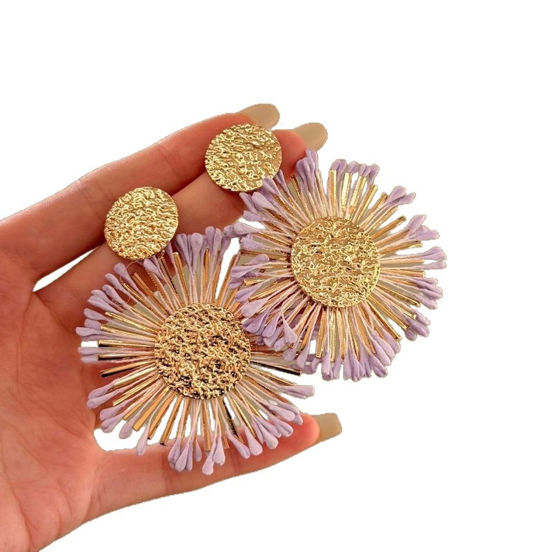 Vacation-style Beige Straw Sunflower Earrings For Women