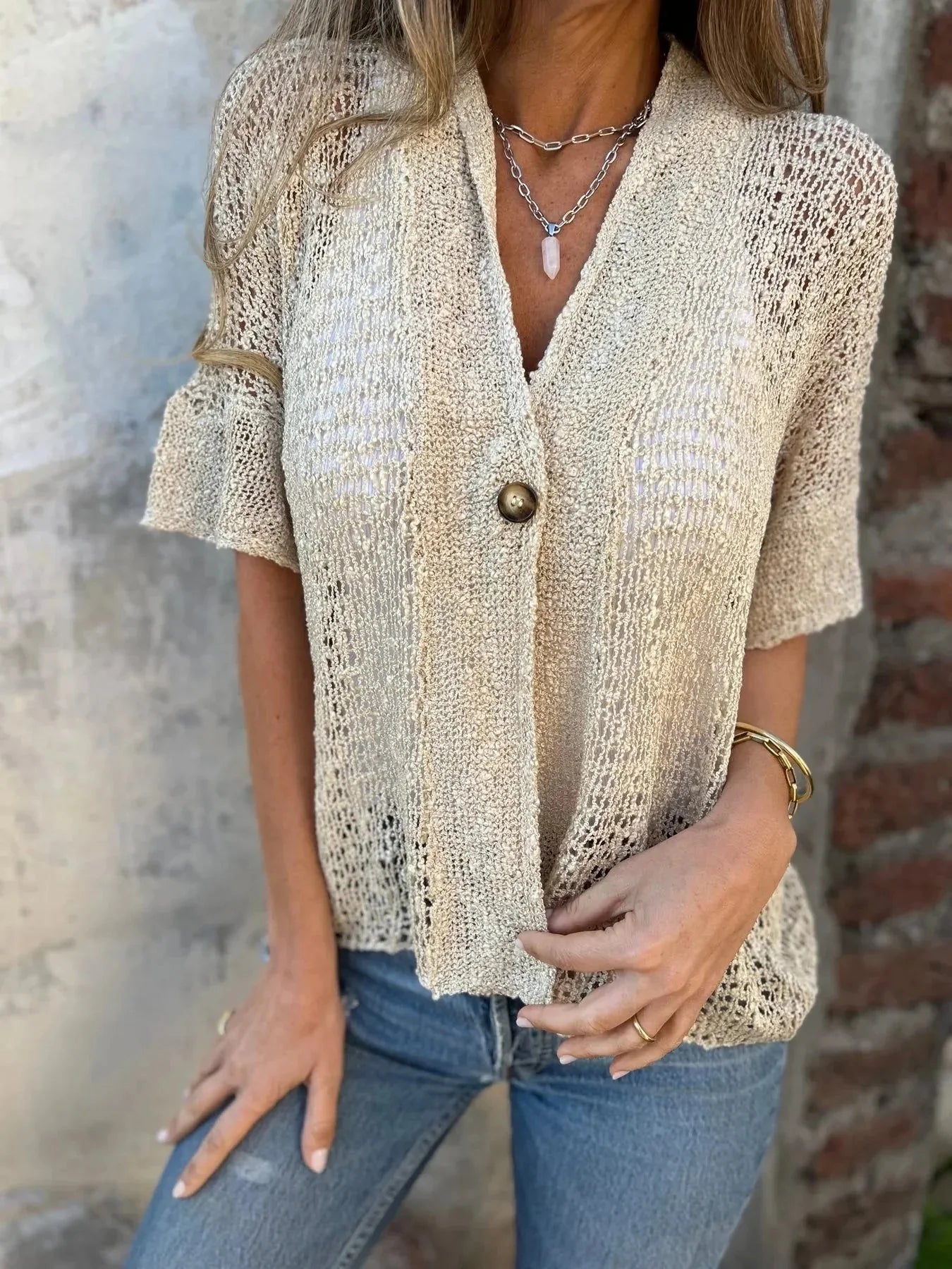 Full Size Knit Openwork One Button Cardigan