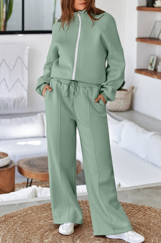 Solid Zip-Up Jacket and Drawstring Pants Set