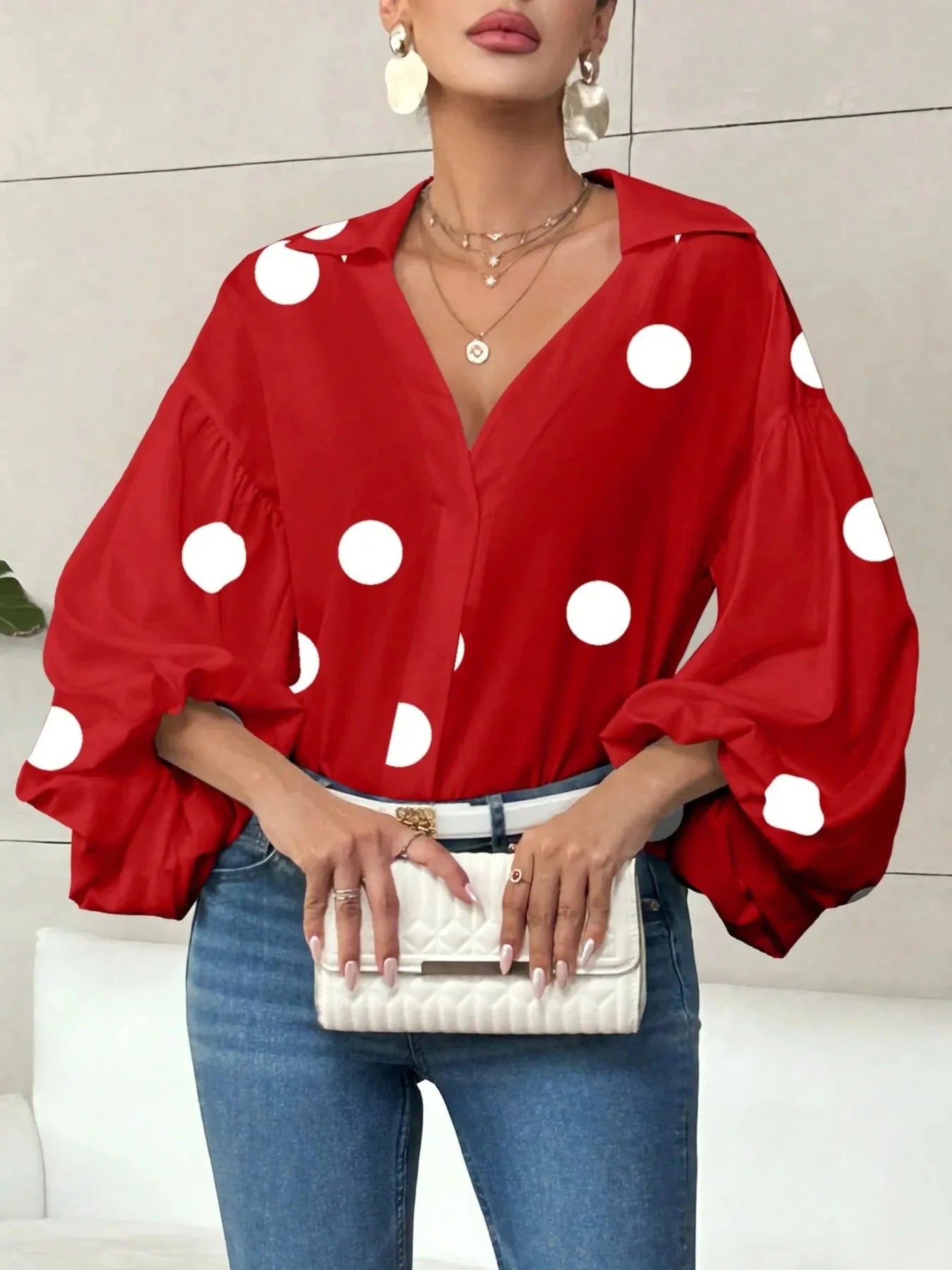 Oversized Polka Dot Balloon Sleeve Blouse