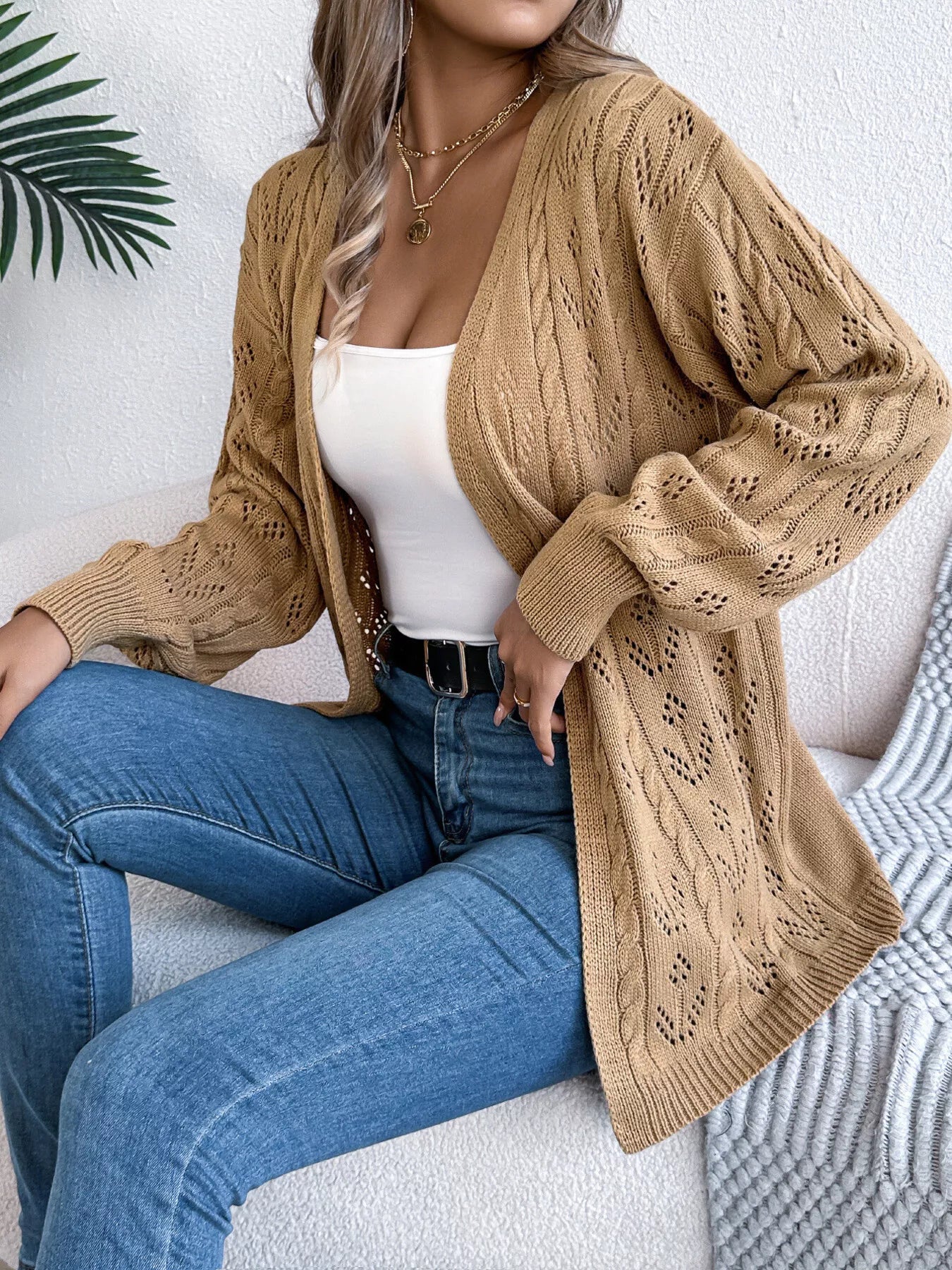 Openwork Open Front Long Sleeve Cardigan