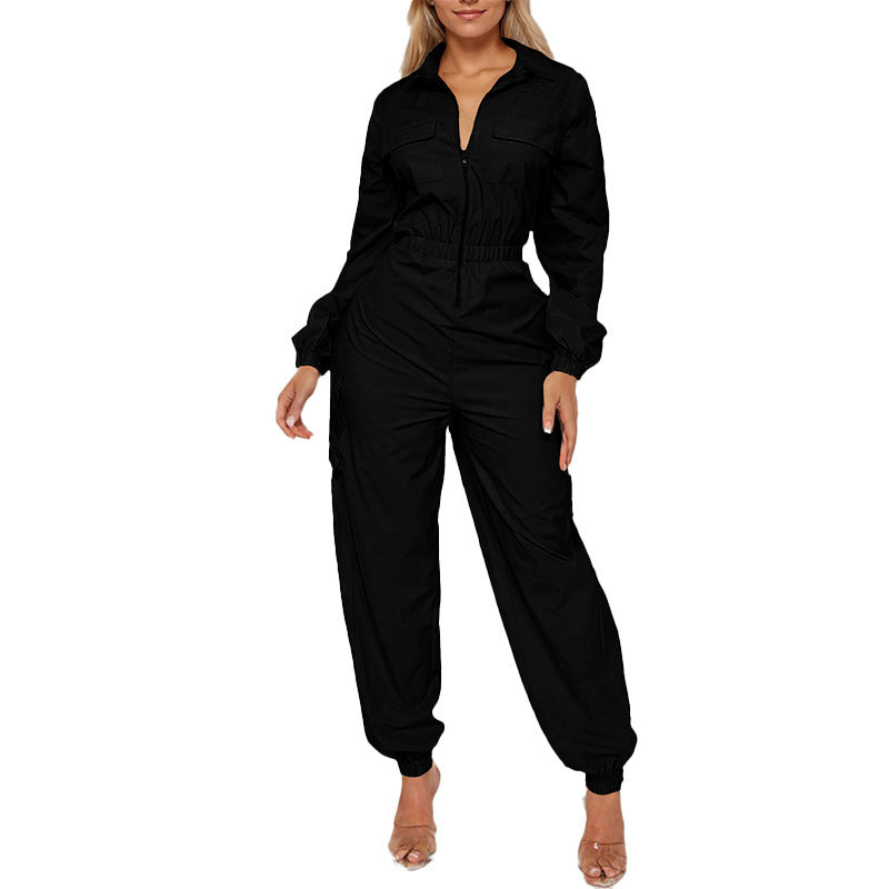 Flip Pocket Elastic Waist-tightening Zipper Jumpsuit
