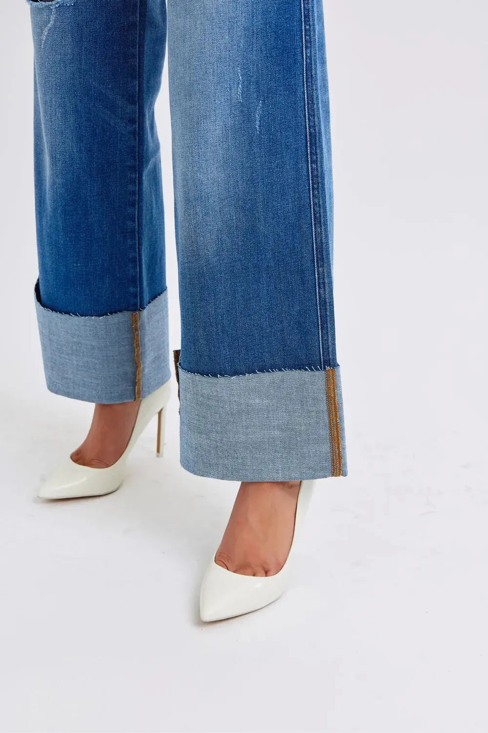 Distressed High Waist Wide Leg Cuffed Judy Blue Jeans – Full Size