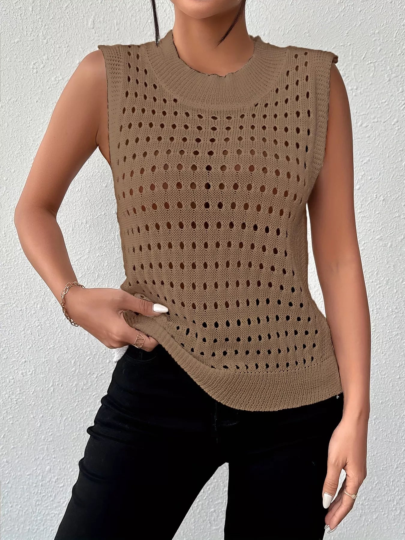 Hollow Out Round Neck Knit Sweater Tank