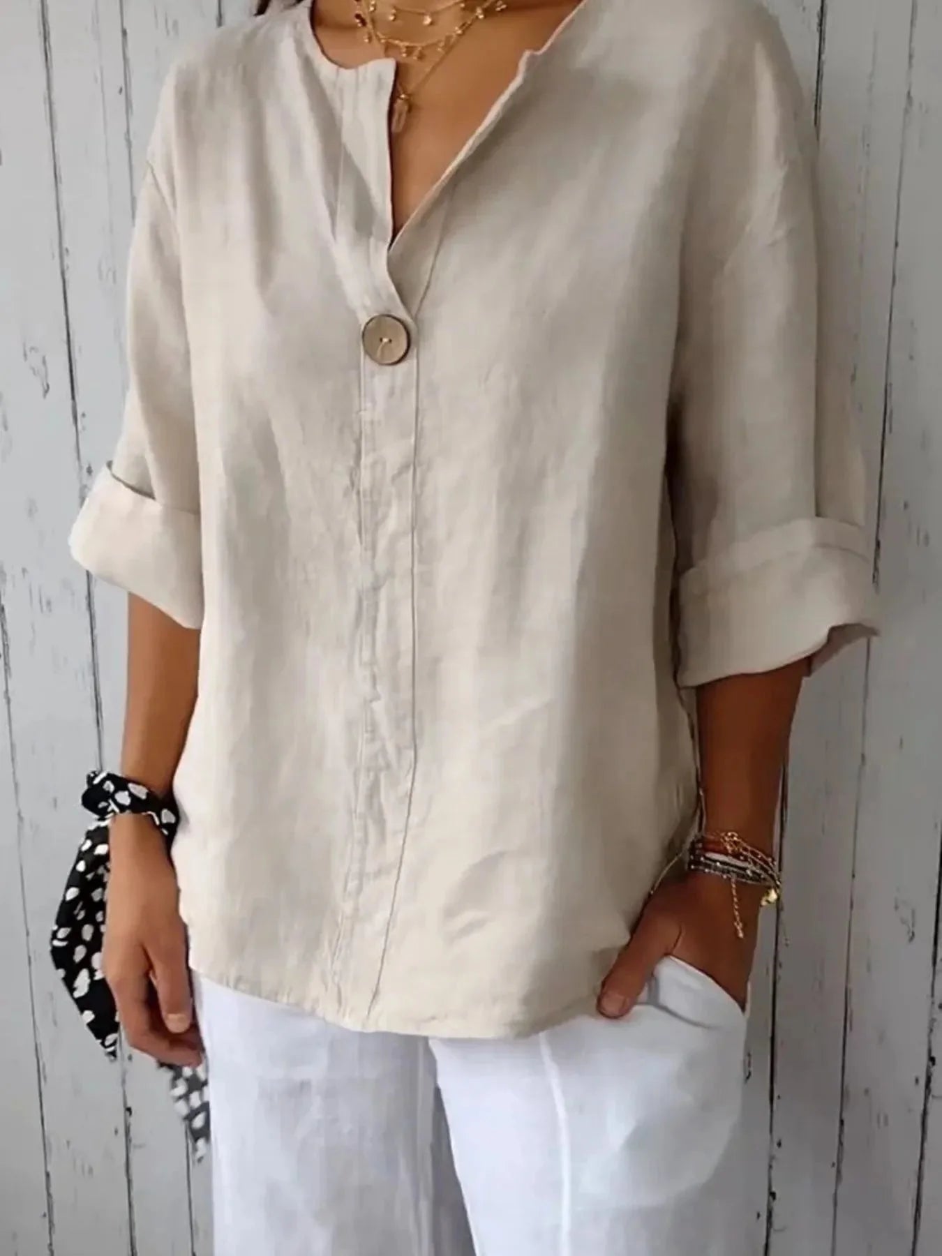 Breezy Button-Front Relaxed Linen Blouse
