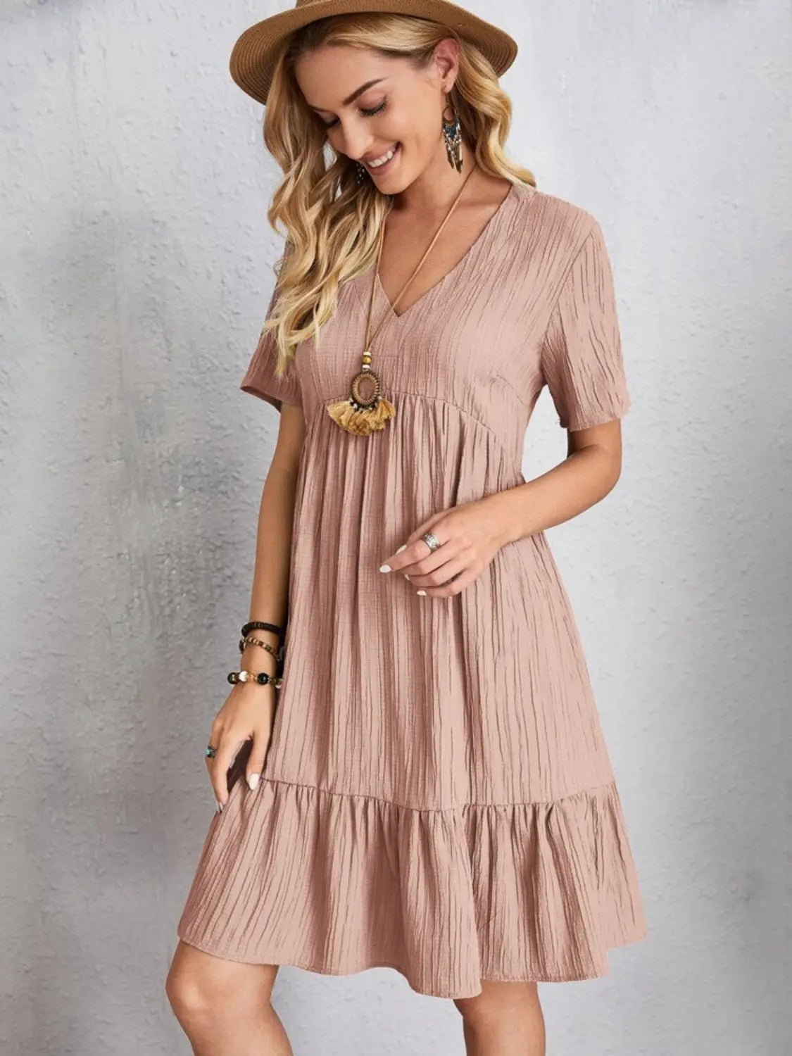 Boho Textured V-Neck Short Sleeve Babydoll Dress