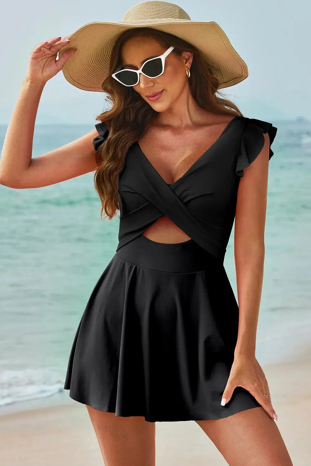 Cutout V-Neck Backless One Piece Swim Dress