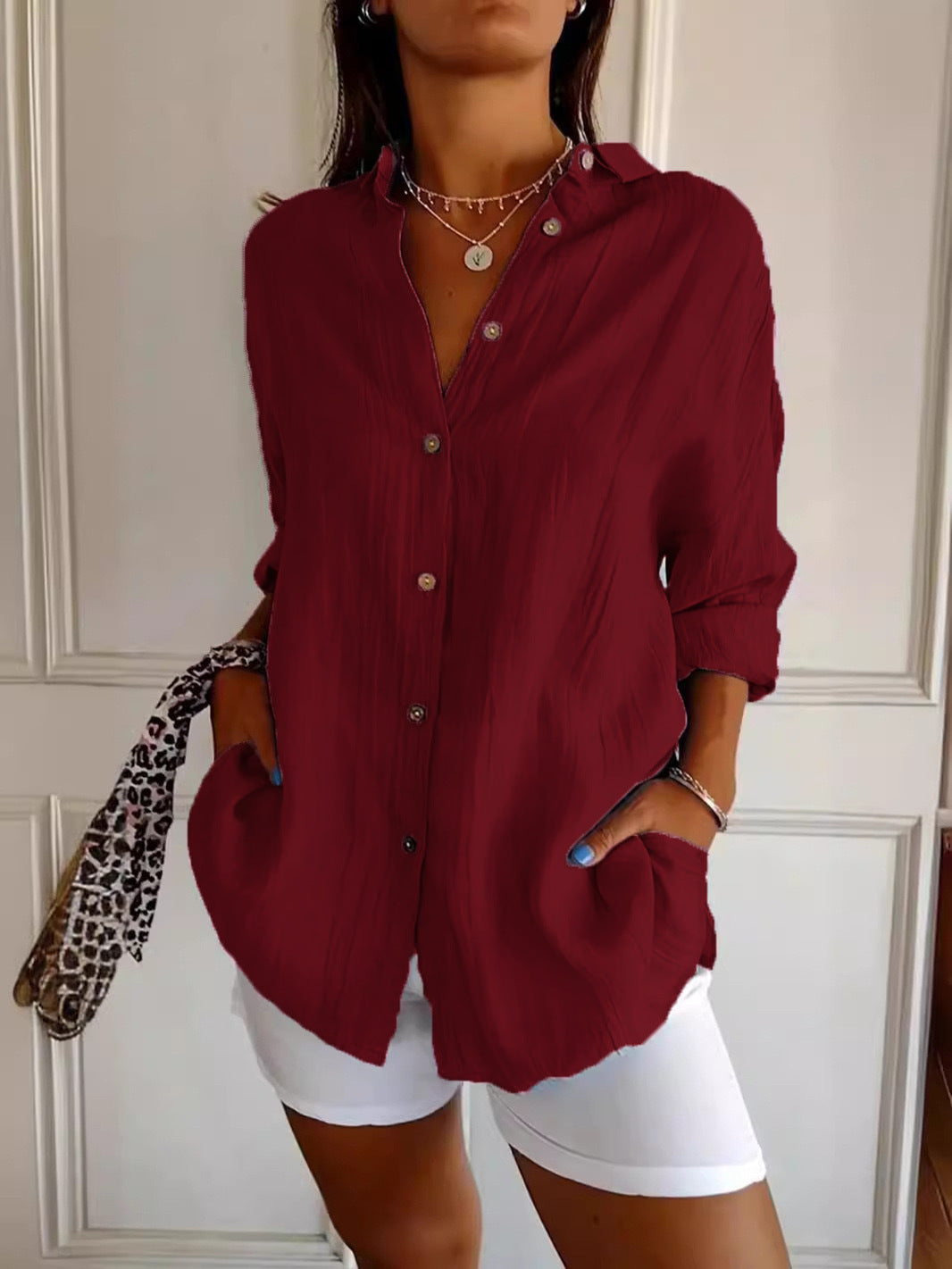 Lapel Long Sleeve Shirt Women's Single-breasted Pleated Shirt