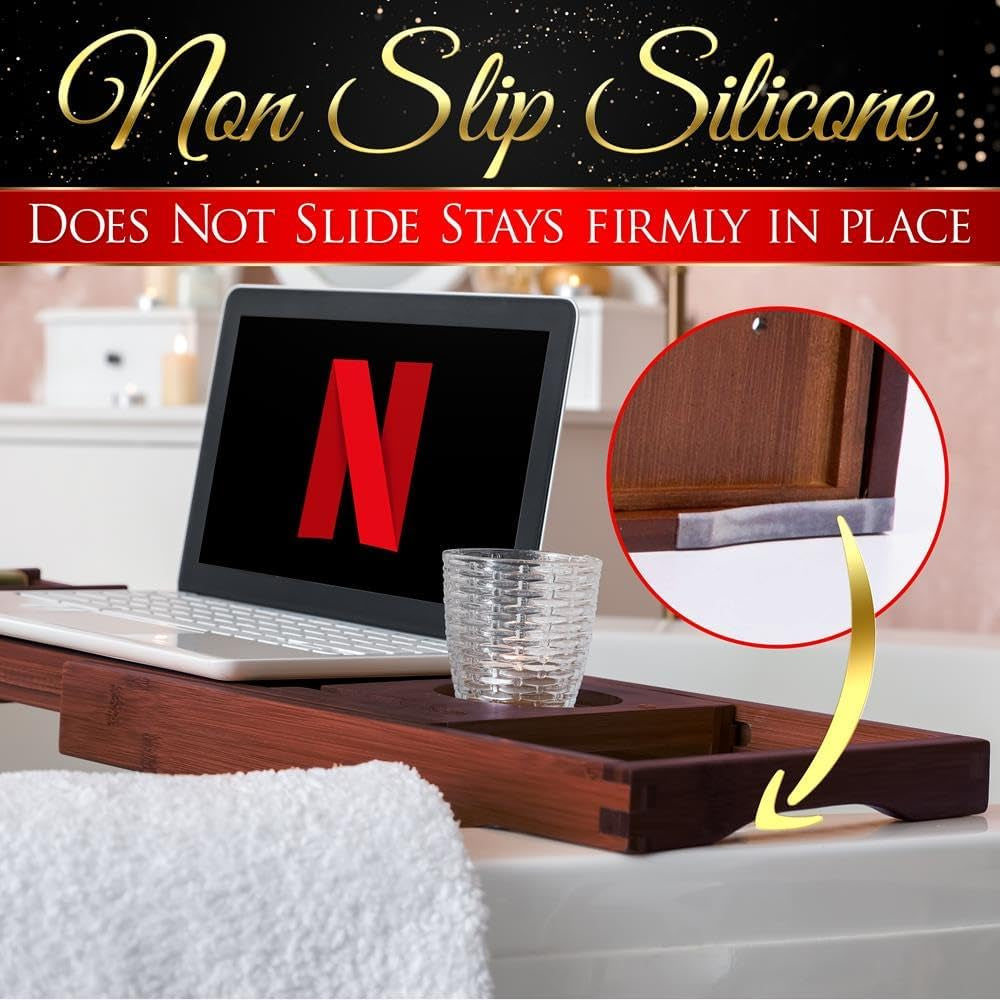 Bamboo Bathtub Caddy Tray – Expandable Waterproof Bath Tray with Wine Glass Holder, Tablet Stand & Removable Accessory Slots – Eco-Friendly, Adjustable & Durable