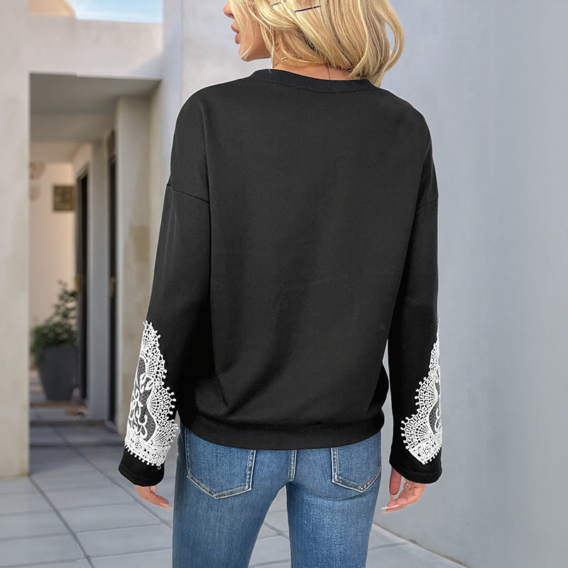 Women's Lace Stitching Round Neck Pullover Top