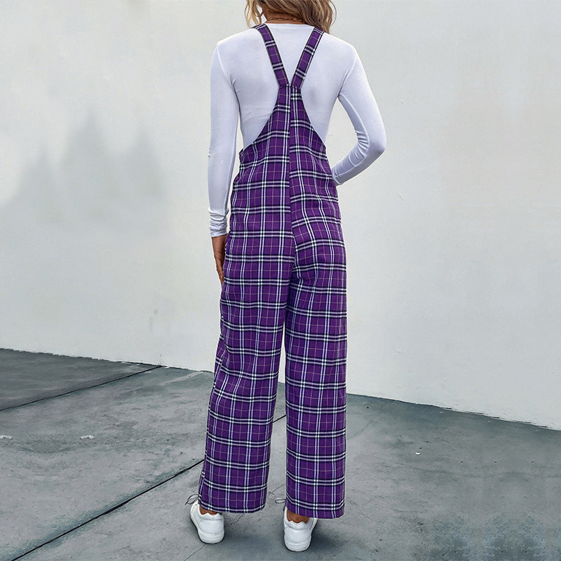 Plaid Spaghetti Straps Casual Jumpsuit Women's Clothing